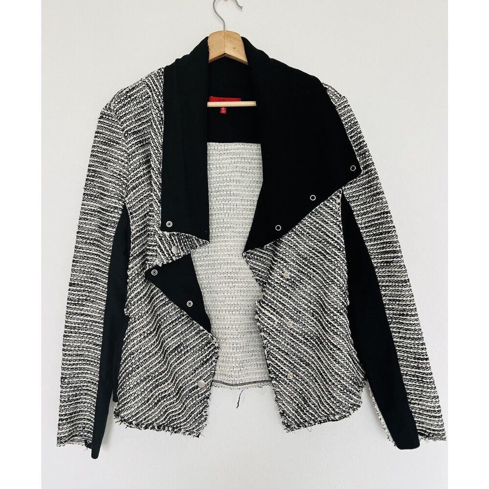 Saks Fifth Avenue Black/White Asymmetric Motto Jacket Sz L Snap Buttons Pockets